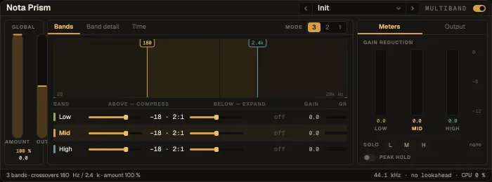 Nota Prism, Bands tab with the spectrum and crossovers