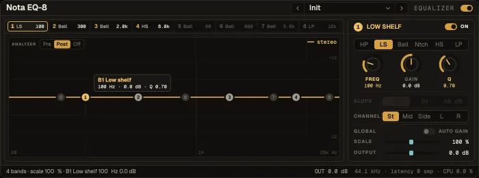 Nota EQ-8 with the band chips, the response graph and the band panel