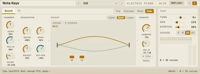 Nota Keys with the Clav model: the string and its two pickups