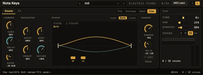 Nota Keys with the Clav model: the string and its two pickups
