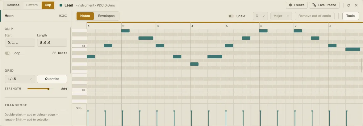 A MIDI clip in the clip editor: clip settings on the left, notes and velocity stems on the right