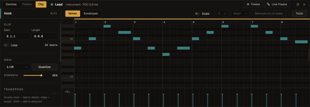 A MIDI clip in the clip editor: clip settings on the left, notes and velocity stems on the right