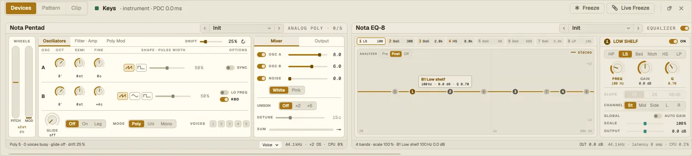 The device chain of the Keys track: Nota Pentad, then Nota EQ-8