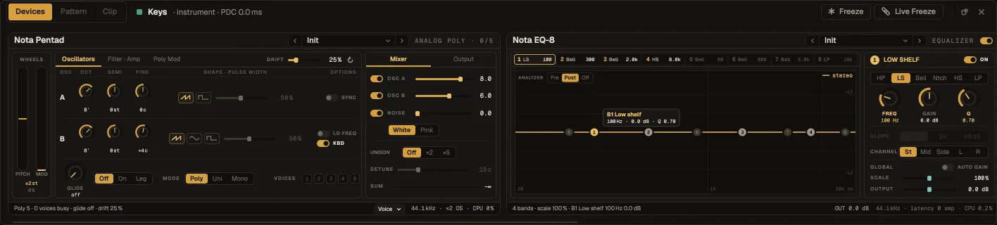 The device chain of the Keys track: Nota Pentad, then Nota EQ-8