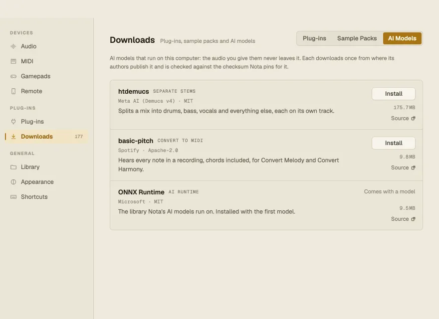 Settings ▸ Downloads ▸ AI Models