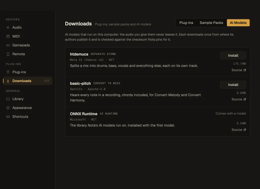 Settings ▸ Downloads ▸ AI Models