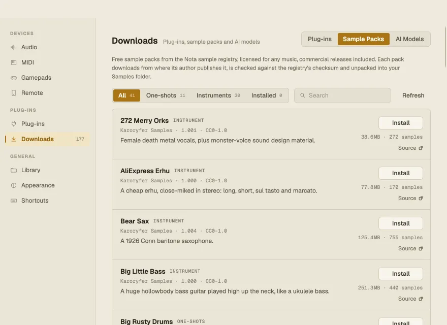 Settings ▸ Downloads ▸ Sample Packs