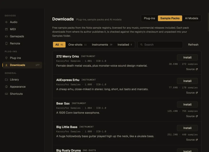 Settings ▸ Downloads ▸ Sample Packs