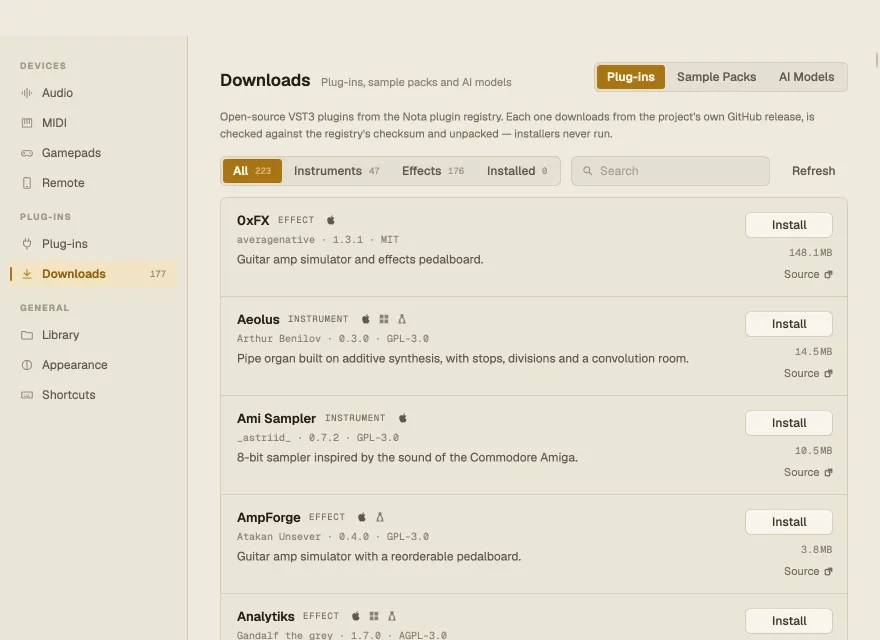 Settings ▸ Downloads ▸ Plug-ins with the plug-in list