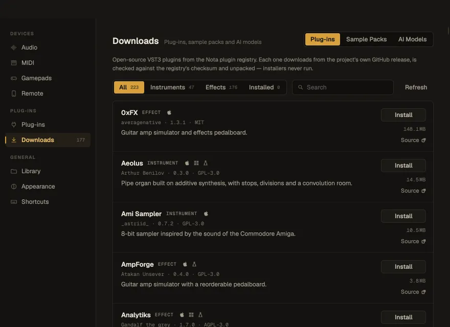 Settings ▸ Downloads ▸ Plug-ins with the plug-in list
