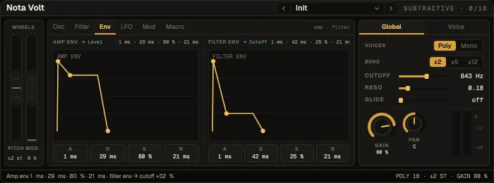 Nota Volt, Env tab with the amp and filter envelopes