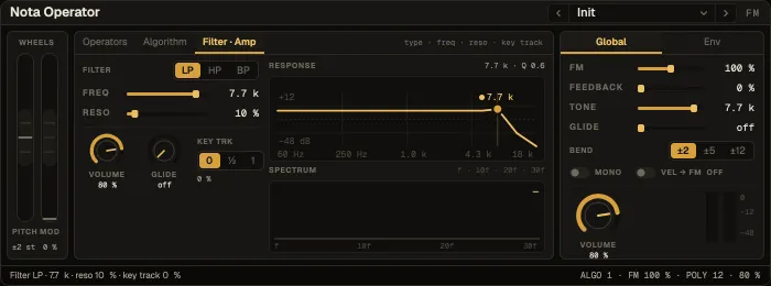 Nota Operator, Filter · Amp tab with the response and the live spectrum