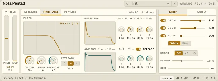 Nota Pentad, Filter · Amp tab