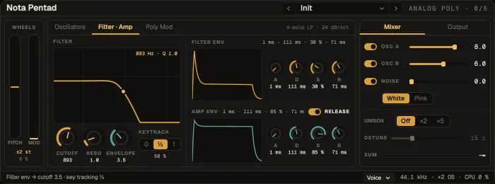 Nota Pentad, Filter · Amp tab