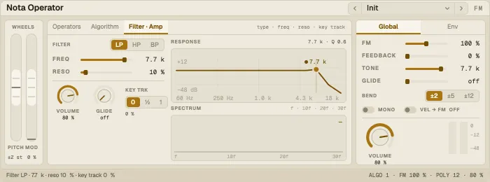 Nota Operator, Filter · Amp tab with the response and the live spectrum