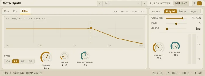Nota Synth, Filter tab
