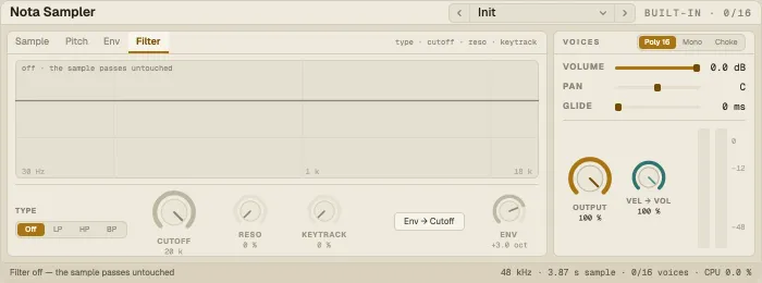 Nota Sampler, Filter tab