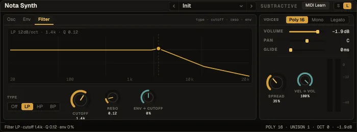 Nota Synth, Filter tab