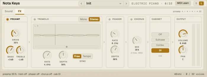 Nota Keys, FX tab: preamp, tremolo, phaser, chorus, cabinet and output
