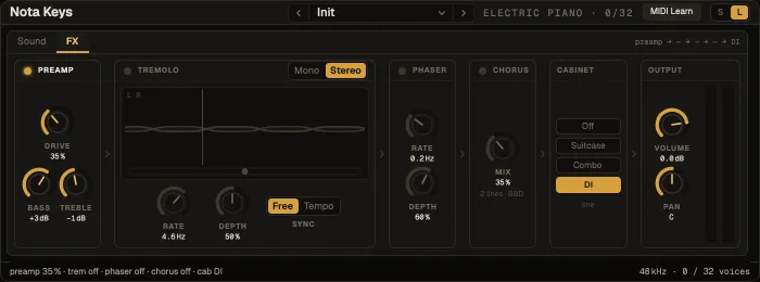 Nota Keys, FX tab: preamp, tremolo, phaser, chorus, cabinet and output
