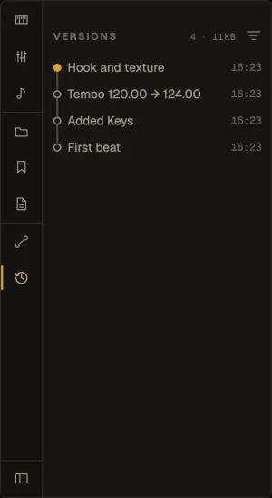 The History tab with four versions: Hook and texture, Tempo 120 → 124, Added Keys, First beat