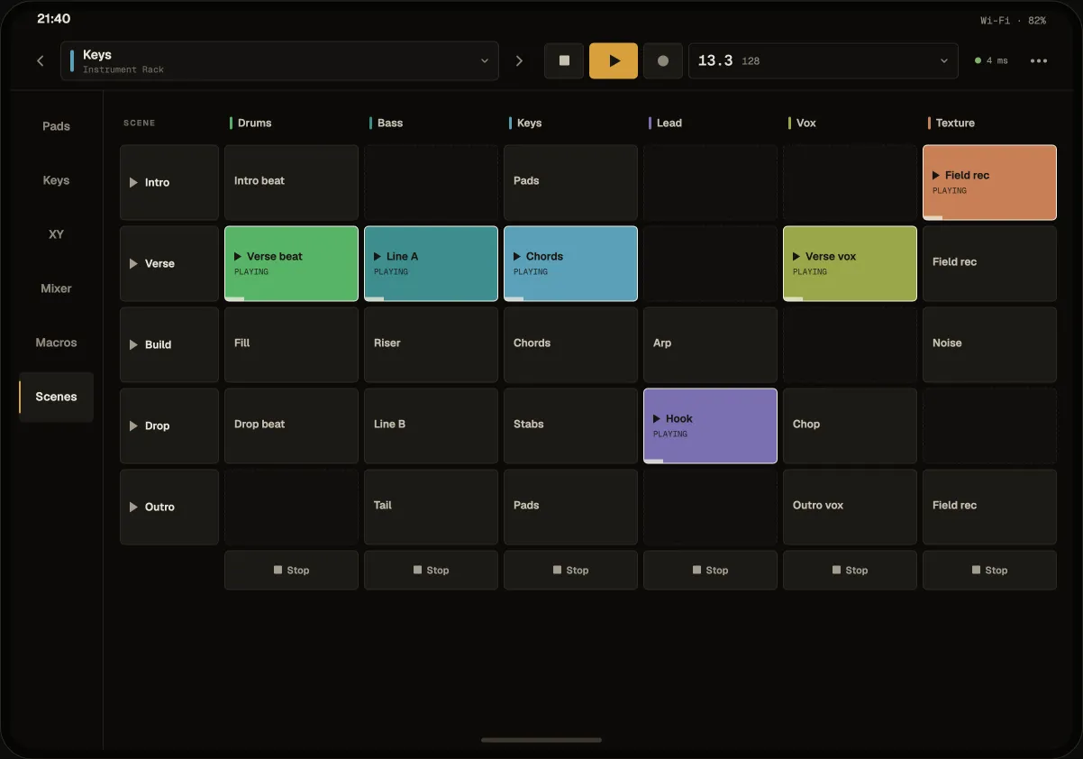 Nota Remote on an iPad: the Session grid