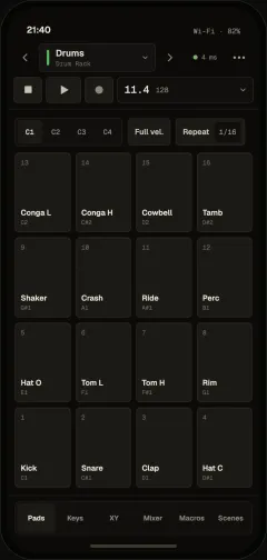 Nota Remote on an iPhone: the Pads screen