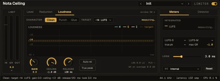 Nota Ceiling, Loudness tab with LUFS against the target