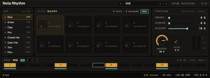 Nota Rhythm, the kit's eight macros
