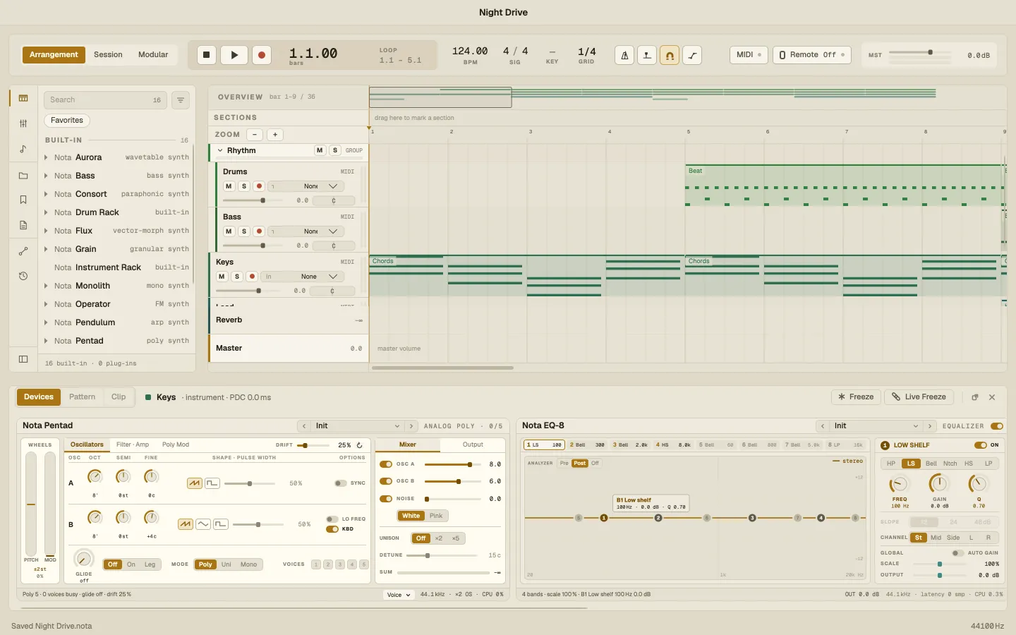 The Nota main window: transport bar on top, browser on the left, the Arrangement in the middle and the devices of the Keys track below