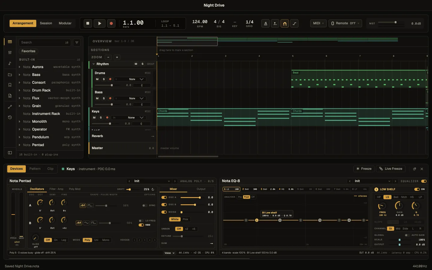 The Nota main window: transport bar on top, browser on the left, the Arrangement in the middle and the devices of the Keys track below