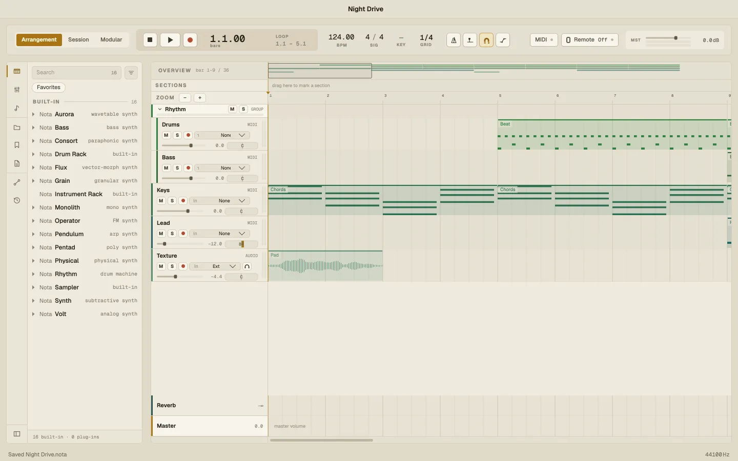 The Arrangement with the Rhythm group, Drums, Bass, Keys, Lead and Texture tracks