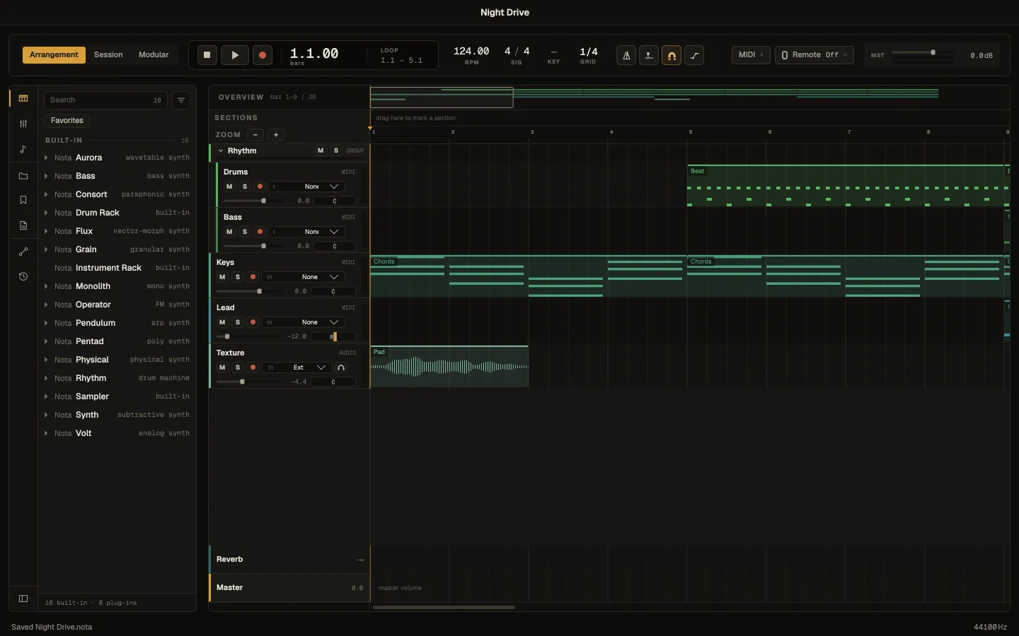 The Arrangement with the Rhythm group, Drums, Bass, Keys, Lead and Texture tracks