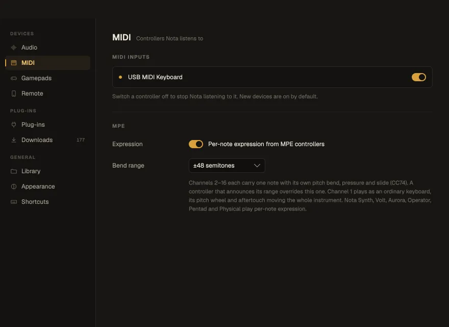 Settings ▸ MIDI with the list of MIDI inputs
