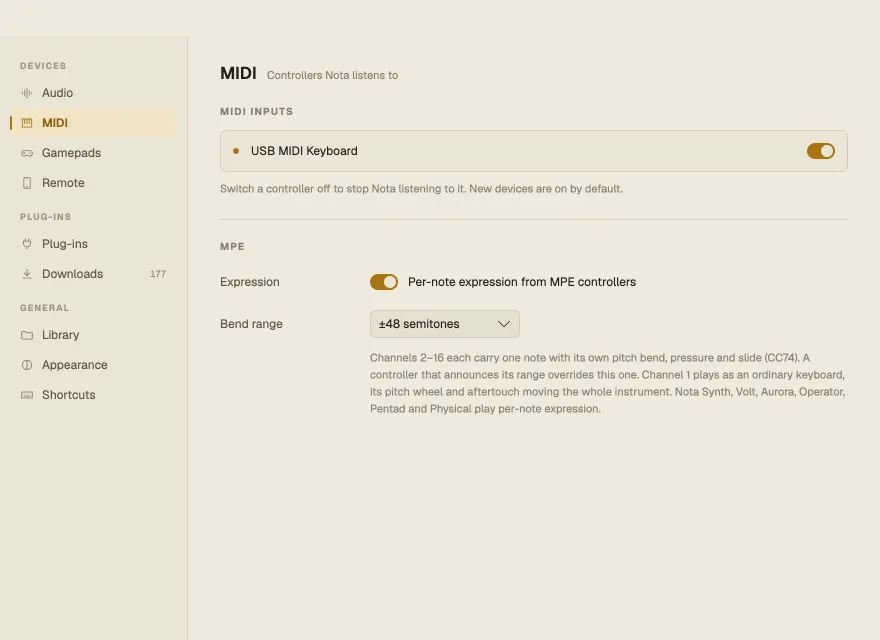 Settings ▸ MIDI with the list of MIDI inputs