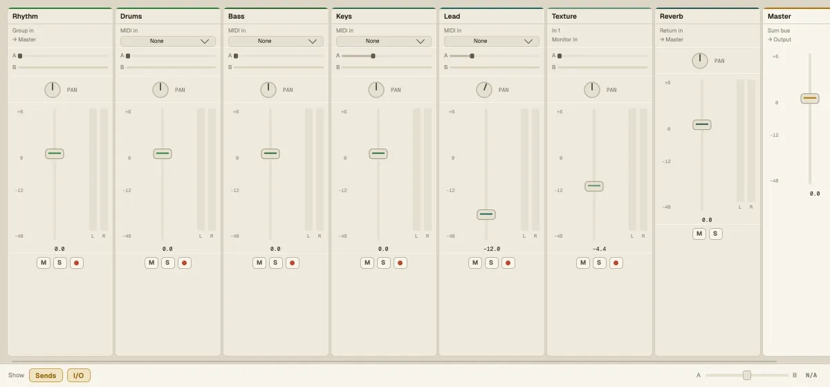The Mixer window: a strip per track, the return and the master