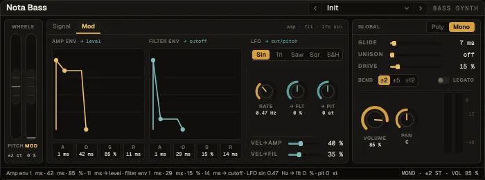 Nota Bass, Mod tab with the envelopes and the LFO
