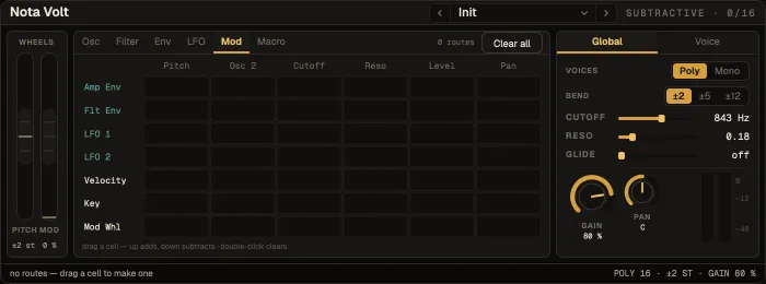Nota Volt, Mod tab with the modulation matrix
