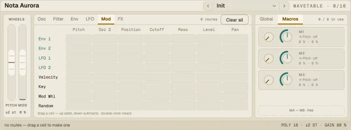 Nota Aurora, Mod tab with the modulation matrix