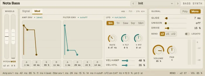 Nota Bass, Mod tab with the envelopes and the LFO