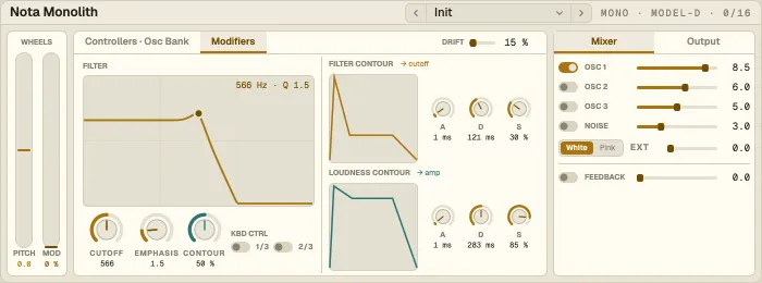 Nota Monolith, Modifiers tab with the filter and both contours
