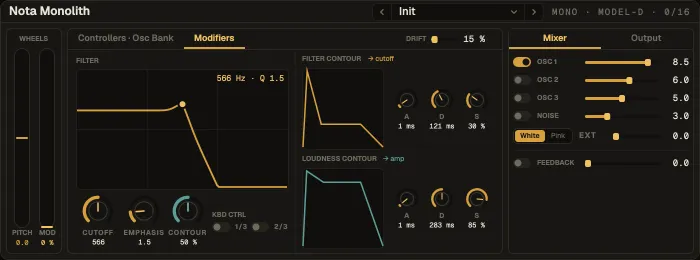 Nota Monolith, Modifiers tab with the filter and both contours