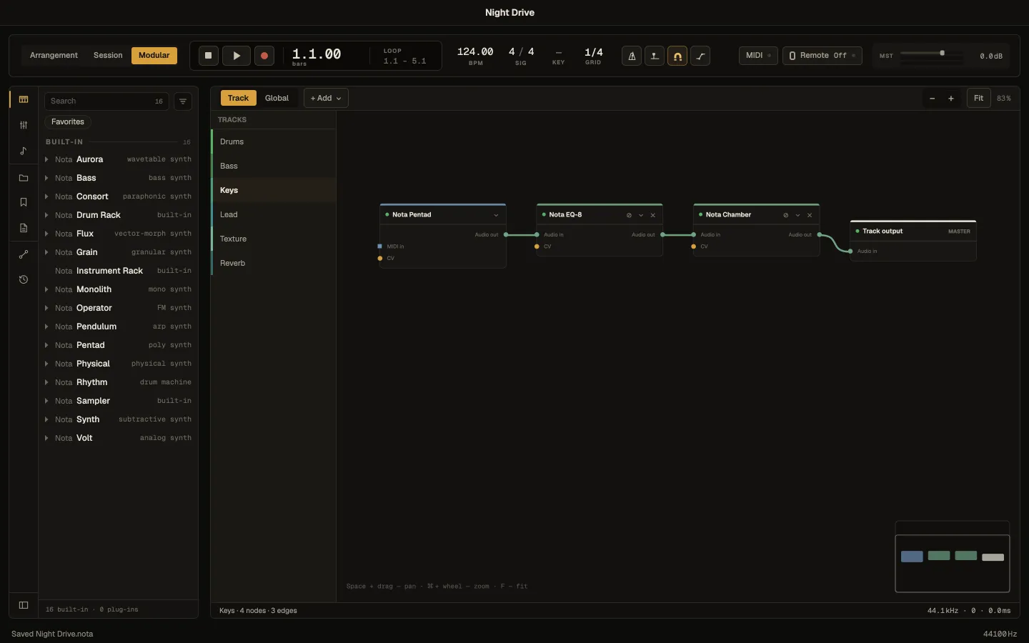 The Modular view showing the Keys track: Nota Pentad, EQ-8 and Chamber as nodes