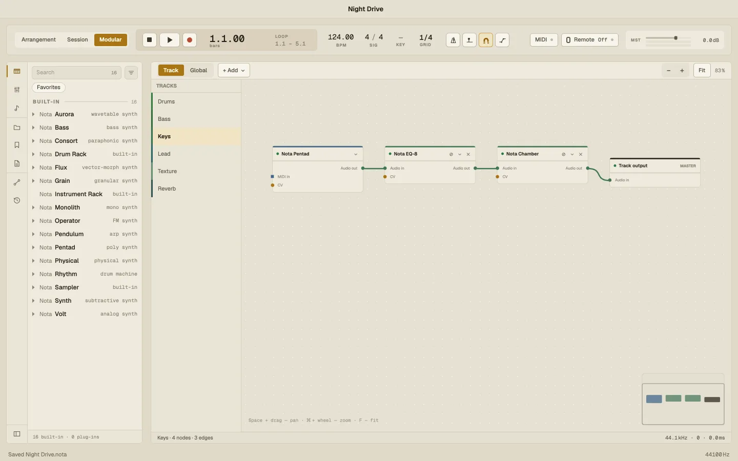 The Modular view showing the Keys track: Nota Pentad, EQ-8 and Chamber as nodes