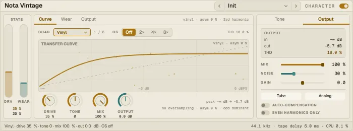 Nota Vintage, Output tab with the harmonics and the hiss floor