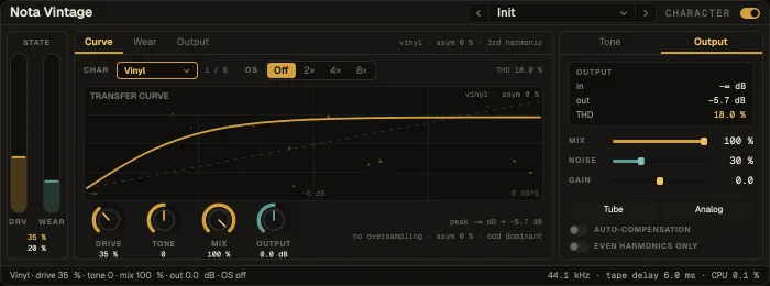 Nota Vintage, Output tab with the harmonics and the hiss floor