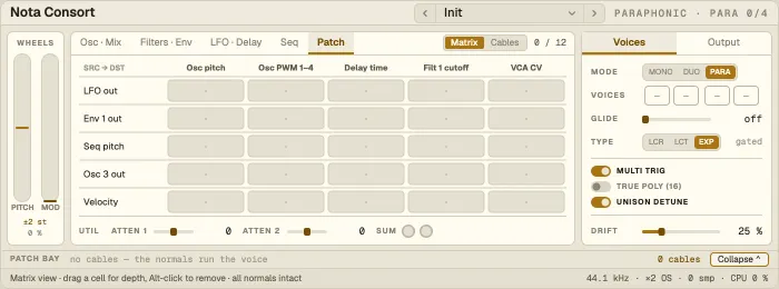 Nota Consort, Patch tab with the cable matrix