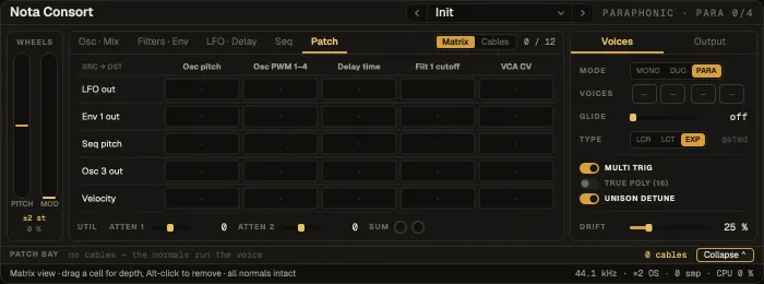 Nota Consort, Patch tab with the cable matrix
