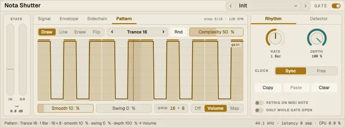 Nota Shutter, Pattern tab with a 16-step gate pattern