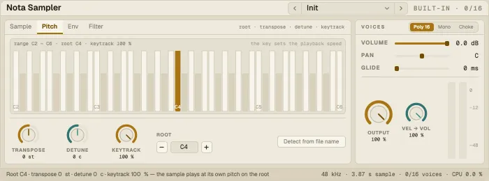 Nota Sampler, Pitch tab with the keyboard and the root key